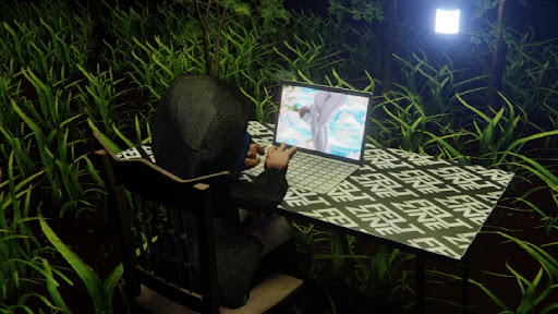 Desktop #304: The Hacker in the French Wood Chair With a Hanging Light and a Gardens Monitor on a Felt Zine Table in The Forest