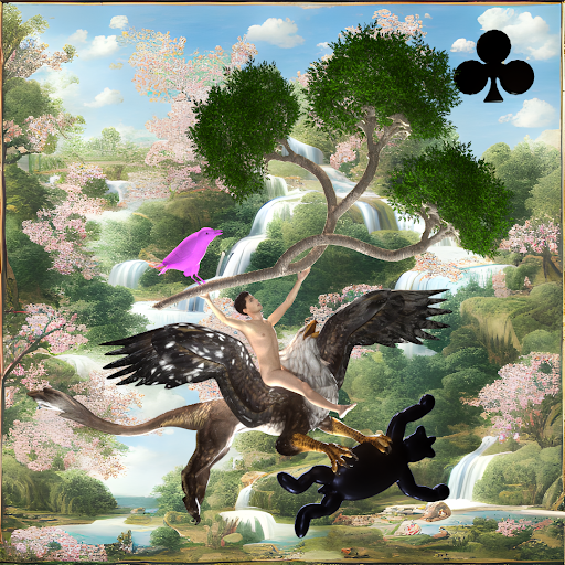 #224 | Man riding Griffin holding a tree scene with background seed 195 and a Black Club card suit