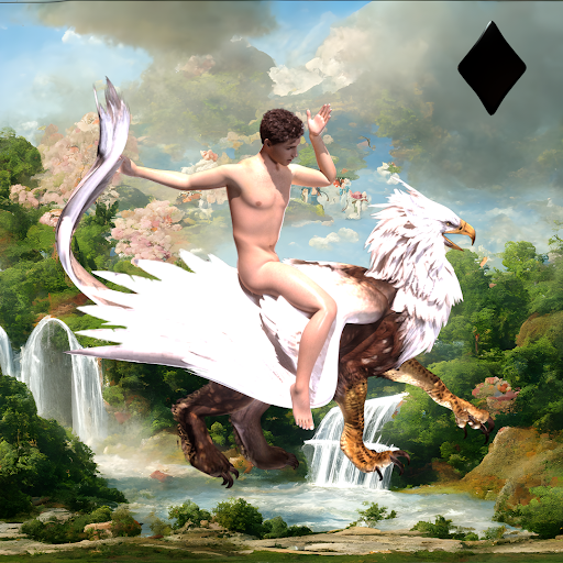 #231 | Man riding Griffin scene with background seed 376 and a Black Diamond card suit