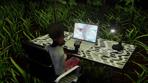 Desktop #173: The Military Brat in the Black Slim Chair With a Desk Lamp and a Gardens Monitor on a Pattern Table in The Forest