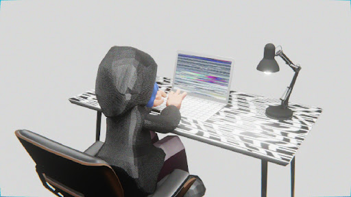 Desktop #43: The Hacker in the Eames Chair With a Desk Lamp and a Please Stand By Monitor on a Pattern Table in The Void