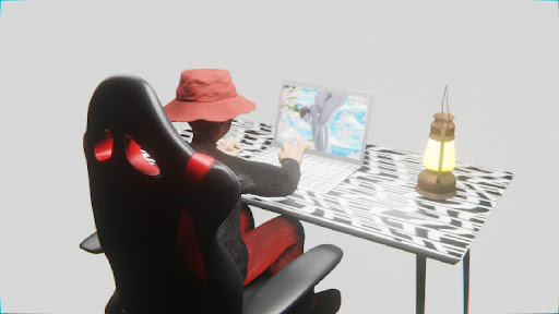 Desktop #191: The Hypebeast in the Gaming Chair With a Gas Lamp and a Gardens Monitor on a Pattern Table in The Void