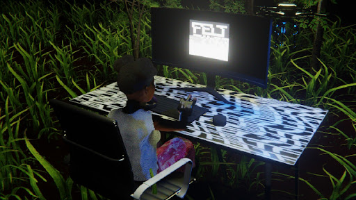Desktop #301: The Military Brat in the Black Slim Chair With a Drone and a Old School Monitor on a Pattern Table in The Forest