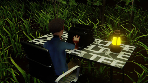 Desktop #11: The Developer in the Black Slim Chair With a Gas Lamp and a Typewriter on a Barbed Wire Table in The Forest