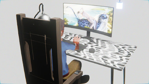 Desktop #44: The Developer in the Electric Chair With a Hanging Light and a Kitty Monitor on a Pattern Table in The Void