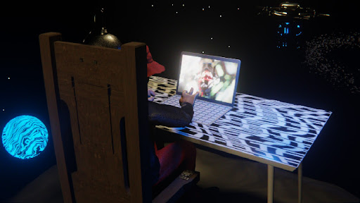 Desktop #0: The Hypebeast in the Electric Chair With a Drone and a Algo Lite Macbook on a Pattern Table in Space