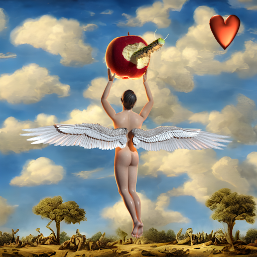 #8 | Angel holding apple with caterpillar scene with background seed 555 and a Red Heart card suit