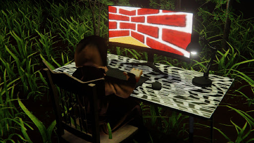 Desktop #9: The Guru in the French Wood Chair With a Desk Lamp and a Maze Monitor on a Pattern Table in The Forest