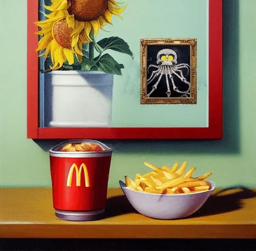 Still life of a bowl of french fries and a cup of Mcnuggets on a wooden shelf aboard a space pirate ship. #11/50