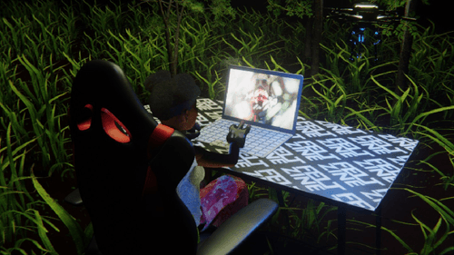 Desktop #279: The Military Brat in the Gaming Chair With a Drone and a Algo Lite Macbook on a Felt Zine Table in The Forest
