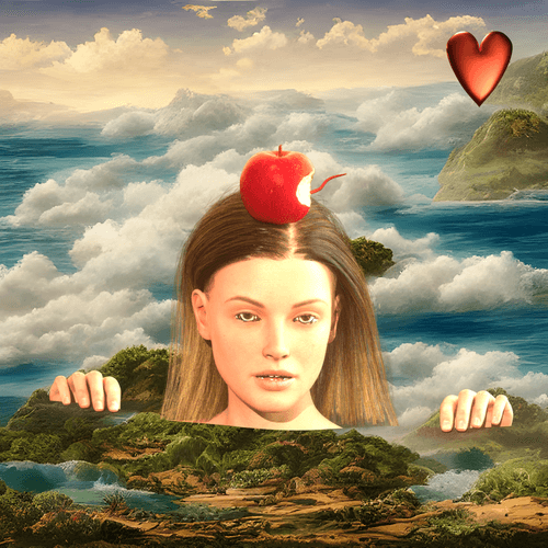 #410 | Woman with apple on head with worm stares scene with background seed 187 and a Red Heart card suit