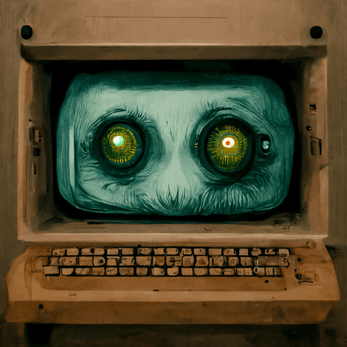 an old computer with eyes popping out of the screen 1/10