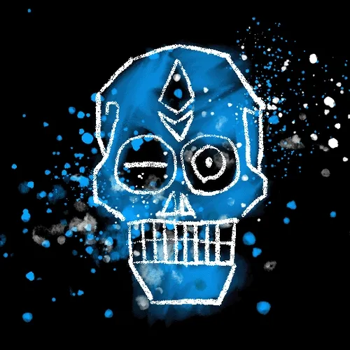 Eleven pieces of an Endless rotating Ethereum Skull with Bitcoin Eyes in Blue flashing Yellow